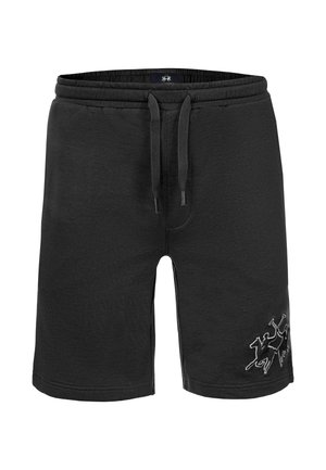 Czarne krótkie spodenki do kolan z elastycznym pasem, sznurkiem i wyszywanym logo gracza polo na lewym udzie.