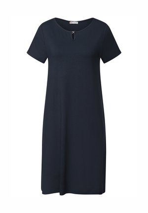Robe bleu marine foncé en tissu doux, dotée de manches courtes, d'un col rond et d'une ouverture en forme de clé sur la poitrine.