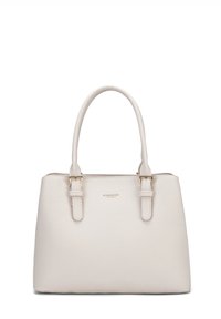 Borsa a mano beige chiaro con finitura texturizzata, dotata di due manici e dettagli in metallo dorato. Design semplice con chiusura superiore con zip.