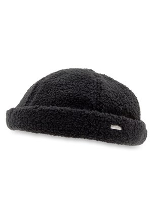 Czarna teksturowana dziana kapelusz bucket z podwiniętym rondem i małą prostokątną metką z logo Kangol z boku.