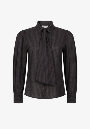 Dunkelblaues Karohemd mit einem Bindeband am Kragen, langen Ärmeln und feiner Textur. Verfügt über einen dezenten Glanz und einen Knopfverschluss.