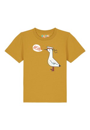 Korte mouw gele T-shirt van katoen, met een cartoon vogelontwerp en een spraakballon met de tekst "MOIN!" in vette letters.