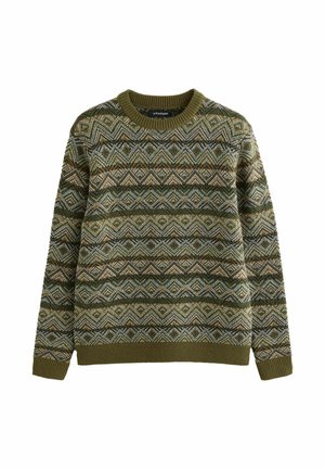 Maglione lavorato a maglia in verde oliva con un motivo geometrico in marrone, beige e nero. Presenta un collo rotondo e polsini e orlo a costine.
