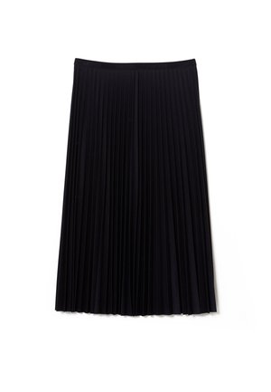 Jupe midi plissée noire avec ceinture élastique, nom de marque subtilement embossé sur la ceinture, sans motifs ni ornements visibles.