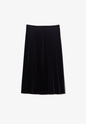 Jupe midi plissée noire avec ceinture élastique, nom de marque subtilement embossé sur la ceinture, sans motifs ni ornements visibles.