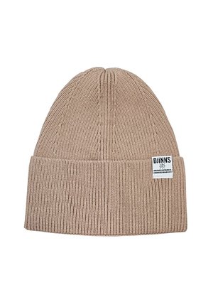 Beige gestrickte Mütze mit geripptem Muster und umgeschlagenem Saum. Verfügt über ein kleines Markenetikett an der Seite. Leicht und kompakt im Design.