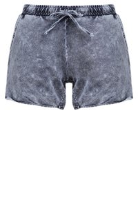 Shorts en denim noir délavé avec taille élastique et cordon à nouer à l'avant, dotés de poches latérales et d'une coupe décontractée.