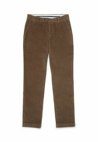 Bruine corduroy broek met een ribbeltextuur, voorzien van een standaard taille, riemlussen en zijzakken. Rechte pijpen en afgewerkte ondergrenzen.