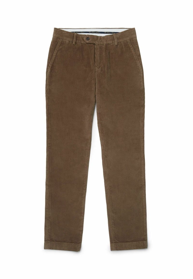 Bruine corduroy broek met een ribbeltextuur, voorzien van een standaard taille, riemlussen en zijzakken. Rechte pijpen en afgewerkte ondergrenzen.