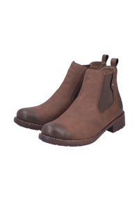 Brązowe skórzane botki za kostkę z elastycznymi panelami bocznymi, okrągłym noskiem, gumową podeszwą i dekoracyjnym przeszyciem wzdłuż krawędzi.