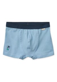 Ανοιχτό μπλε ανδρικά εσώρουχα βαμβακερής υφής με μαλακό ύφασμα, διαθέτουν σκούρο μπλε ζώνη μέσης και μικρό κεντημένο λογότυπο σε πράσινο και μπλε στο μπροστινό μέρος.