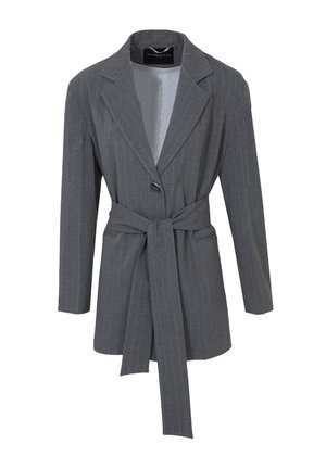 Grijze gestreepte blazer met een getailleerde pasvorm, lange mouwen, eenharknopsluiting en een bijpassende strikriem in de taille. Glad gevoerd.