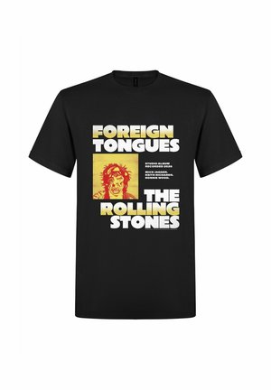 Czarna koszulka z żółtym i białym napisem "Foreign Tongues", "The Rolling Stones" oraz żółtawym szkicem twarzy mężczyzny noszącego koronę z cierni.
