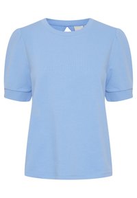Ljusblå kortärmad topp med rund halsringning, puffärmar och ribbade muddar, med en nyckelhålskärning på baksidan.
