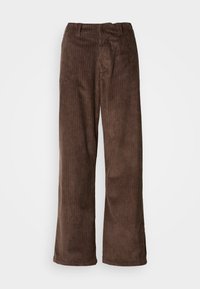 Brown corduroy pants with a wide-leg design, featuring vertical ribs and a waistband. The fabric has a soft, textured appearance.