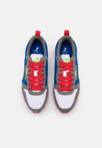 Para sneakersów Puma z białą siateczką, szarymi akcentami, niebieskimi bokami, czerwonymi sznurówkami i zielonymi detalami logo, widziane z góry na białym tle.