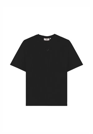 Zwart T-shirt met korte mouwen en een ronde hals, met een klein geborduurd logo van gekruiste golfclubs en een golfbal midden op de borst.