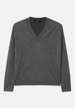 Gray V-neck sweater with long sleeves, made of soft material. Features a ribbed hem and cuffs, uniform texture without patterns.