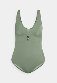 Maiô de uma peça em verde suave. Apresenta um decote em forma de barco, corset estruturado e botões decorativos na parte da frente. Textura suave.