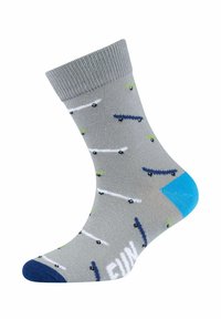 Calzini grigi con un design a fantasia che presenta skateboard verdi e blu, strisce bianche e pois neri. Accent blu sulla punta.