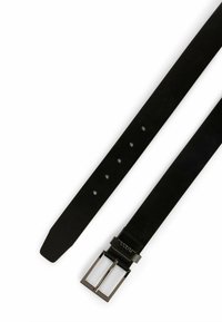 Black leather belt with a smooth texture, featuring a rectangular silver buckle and five notches for adjustment.