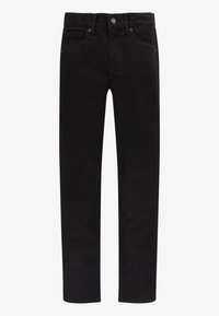 Vaqueros de mezclilla negra con un diseño clásico, estilo de cinco bolsillos y cierre de botón. La tela tiene una textura suave y ligeramente elástica.