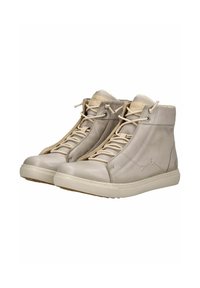 Beige hoge sneakers van gladleer met vetersluiting, gevoerde kraag en tan rubberen zool. Beschikt over subtiele stikdetails.