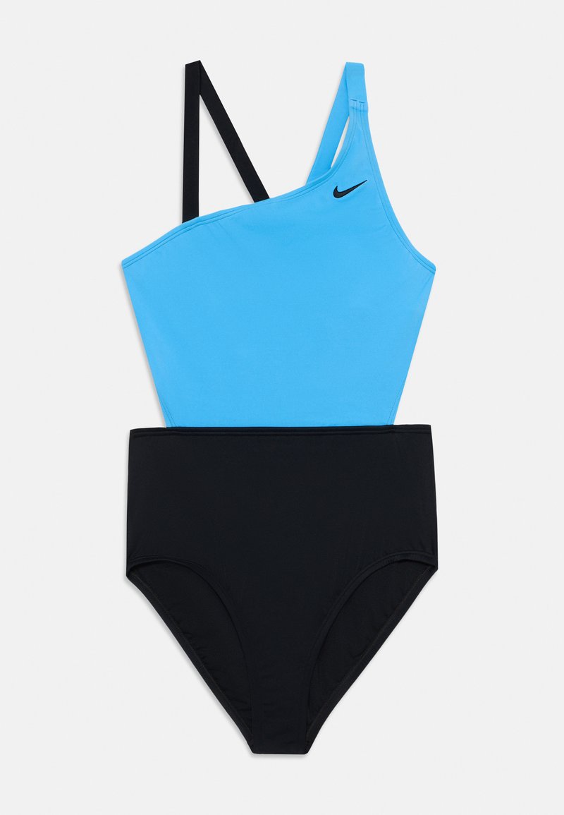 Haut de maillot de bain bleu avec des accents noirs, bretelles ajustables et bas noirs ; fabriqué en tissu lisse avec un design simple.