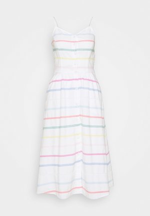 White midi dress with thin straps, button-down front, and horizontal pastel stripes in blue, pink, yellow, and green.
