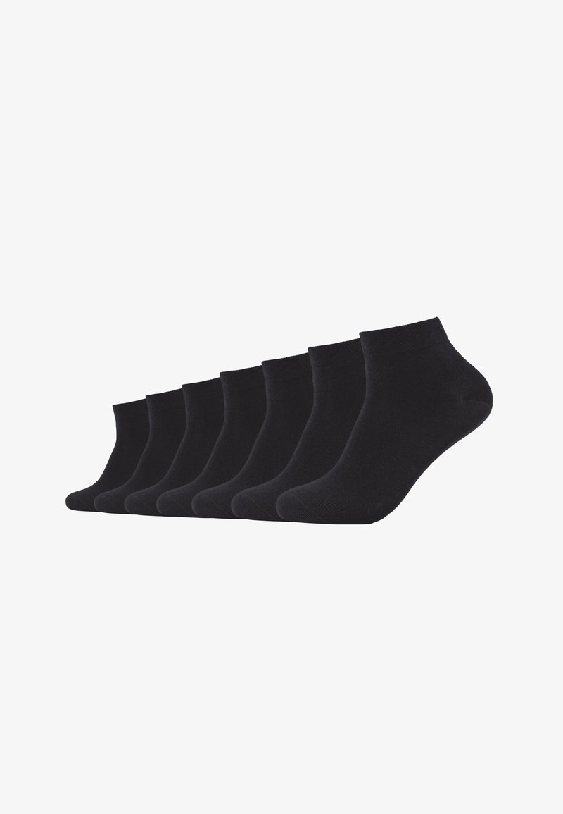 Schwarze Knöchelsocken, aus Baumwollmischung, mit glatter Textur, elastischen Bündchen und einheitlicher Form, angeordnet in einer Reihe von acht.