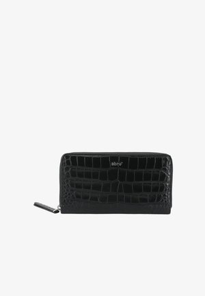 Black leather wallet with crocodile pattern, zip closure, and silver logo accent. Smooth texture with a sleek rectangular shape.