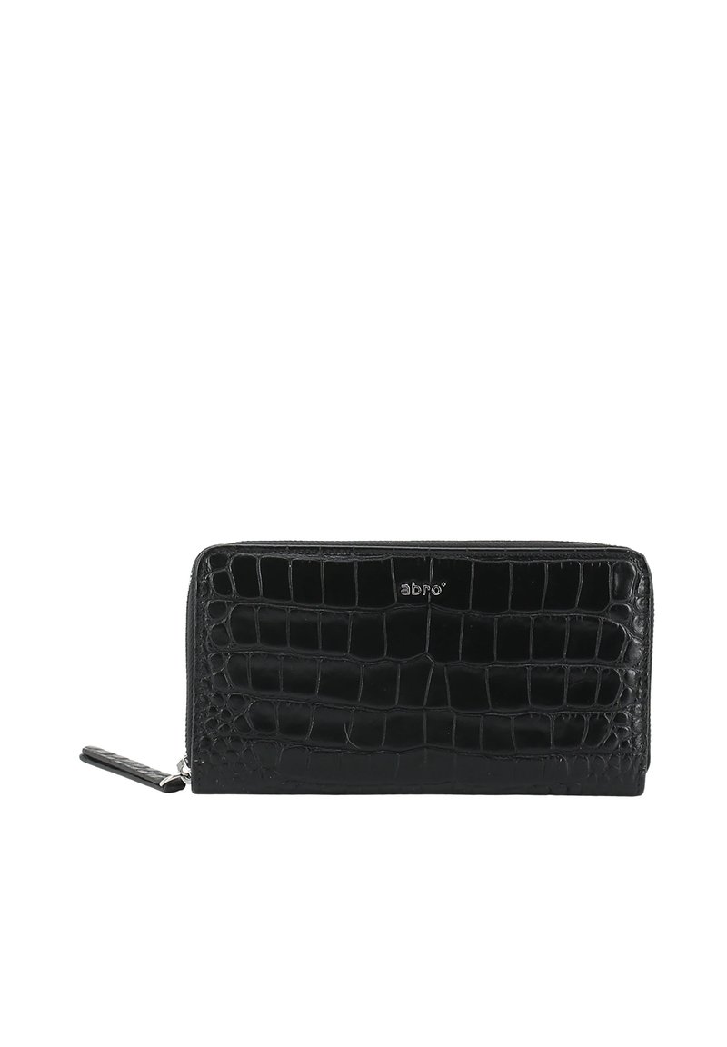 Black leather wallet with crocodile pattern, zip closure, and silver logo accent. Smooth texture with a sleek rectangular shape.