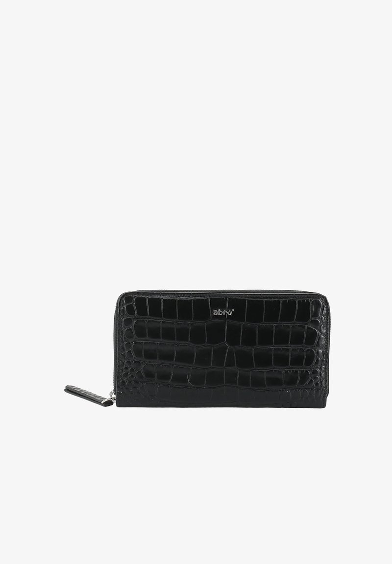 Black leather wallet with crocodile pattern, zip closure, and silver logo accent. Smooth texture with a sleek rectangular shape.