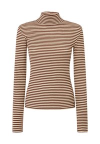 Jersey de cuello alto a rayas marrón y crema. Mangas largas, diseño ajustado, textura acanalada y un ligero estiramiento.