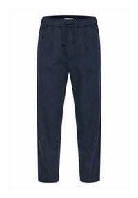 Navy blue pants with a relaxed fit, featuring an elastic waistband, adjustable drawstring, and two front pleats for added structure.