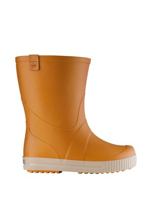 Short orange rubber rain boot with beige textured sole and a small loop tab near the top.