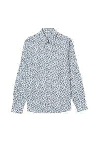 Camicia bianca a maniche lunghe con bottoni, decorata con un piccolo motivo floreale blu, colletto a punta e etichetta di vestibilità regolare all'interno del colletto.