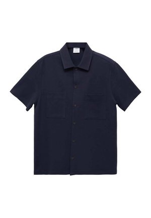 Kurzärmliges, marineblaues Hemd mit Knöpfen. Verfügt über einen Kragen, zwei aufgesetzte Taschen und eine glatte, matte Textur. Die Knöpfe sind dunkel und passen gut zum Stoff.