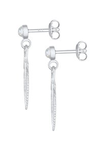 Pendientes de plata con una piedra clara redonda en la parte delantera y un diseño de gota delgada y texturizada, que se afila en el extremo.