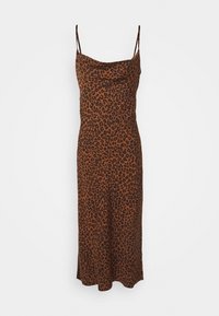 Vestido midi marrón hecho de una tela suave, con un patrón de estampado de leopardo y tirantes ajustables, con un escote drapeado.