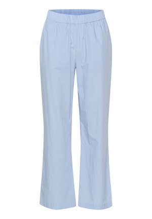 Hellblaue, elastische Hosen mit geradem Schnitt, gefertigt aus weichem Stoff, der eine glatte Textur aufweist und ohne sichtbare Muster ist.