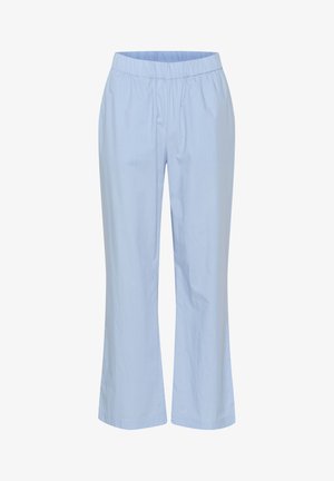 Gaiši zili, elastīgas jostas bikses ar taisnu kāju griezumu, izgatavotas no mīksta auduma, ar gludu faktūru un bez redzamām rakstu norādēm.