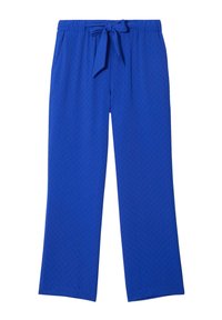 Blauwe geblokte broek met een relaxte pasvorm, voorzien van een strik taille, zijzakken en een gladde, gestructureerde stof.