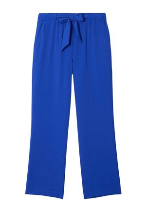 Pantaloni blu a motivi con una vestibilità comoda, caratterizzati da una vita con lacci, tasche laterali e un tessuto liscio e testurizzato.