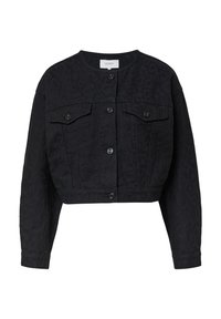 Black cropped denim jacket with leopard print texture, featuring two chest pockets and button closure, has a structured design and long sleeves.