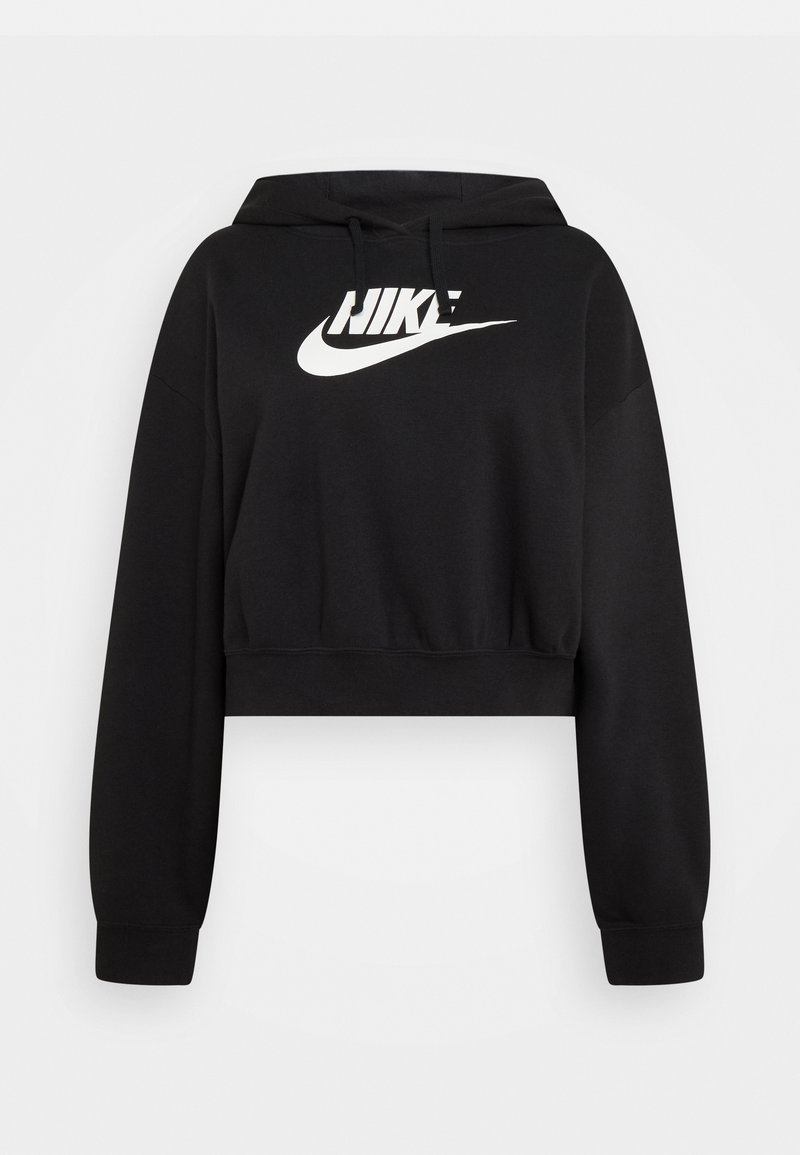 Sudadera corta negra hecha de un tejido suave, con un logo blanco de Nike en el pecho. Incluye una capucha con cordones y mangas largas.