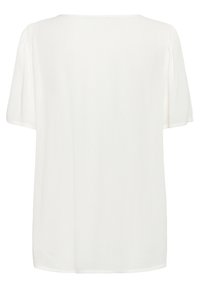 Blouse blanche ample à manches courtes avec un col rond et un tissu doux et texturé, présentant un design simple et sans embellissement.