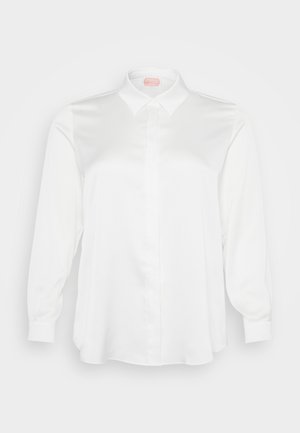 White long-sleeve shirt made of satin, featuring a collar and front button placket, with a relaxed fit and cuffed sleeves.
