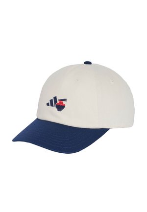 Cappellino da baseball bianco con visiera blu scuro con logo ricamato raffigurante una ciotola di noodle rossi con bacchette e un design stilizzato a forma di ala.