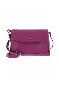 Sac à bandoulière en cuir violet avec fermeture à rabat et sangle réglable, arborant un petit logo métallique de la marque sur le devant.